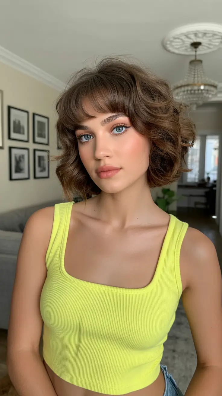 short haircuts for women 2026 Curly Volume Bob with Playful Bangs