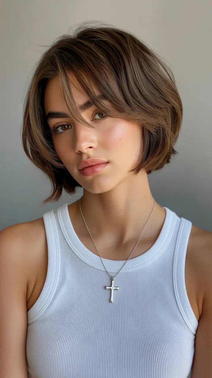 short haircuts for women 2026 Feathered Bob with Soft Curtain Fringe