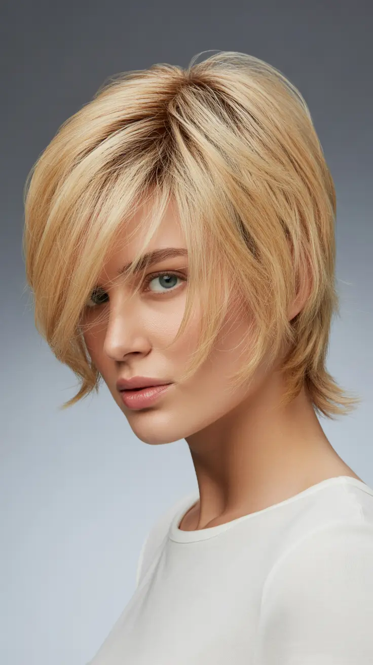 short haircuts for women 2026 Layered Blonde Shag-Bob Hybrid