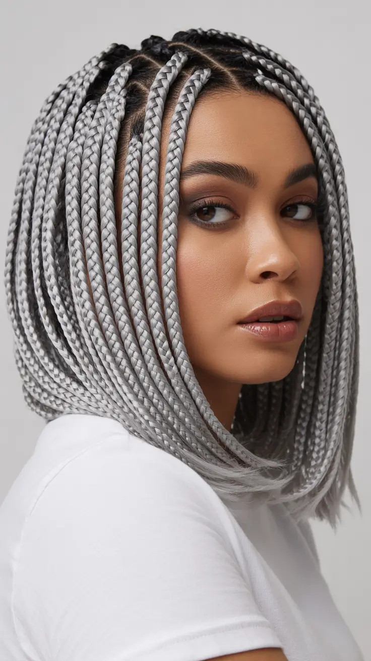 Braided hairstyles for women 2026 Sleek Silver Bob Box Braids with Sharp Contour