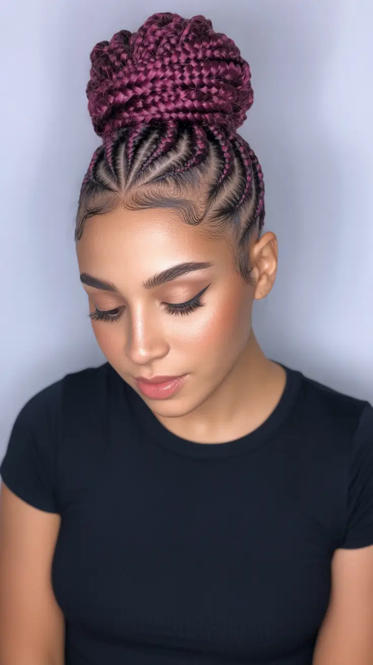 Braided hairstyles for women 2026 Berry-Toned High Braided Bun with Defined Parting