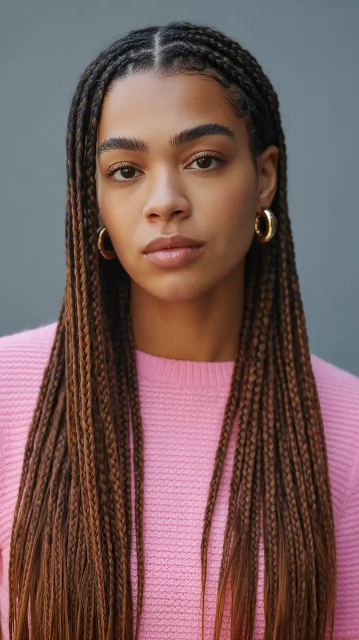 Braided hairstyles for women 2026 Chocolate Brown Feed-In Braids with Sleek Middle Part