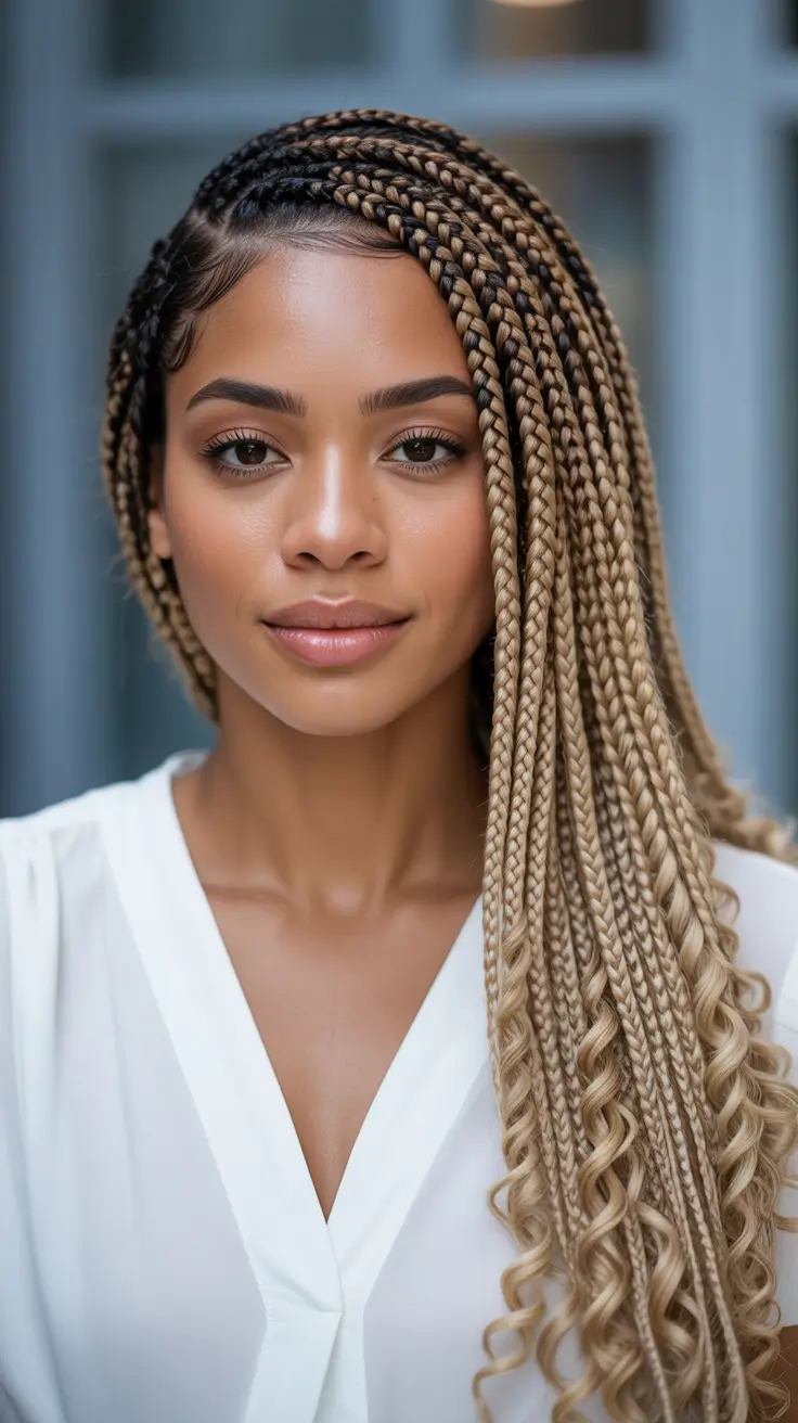 Braided hairstyles for women 2026 Warm Honey Blonde Knotless Braids with Curled Ends