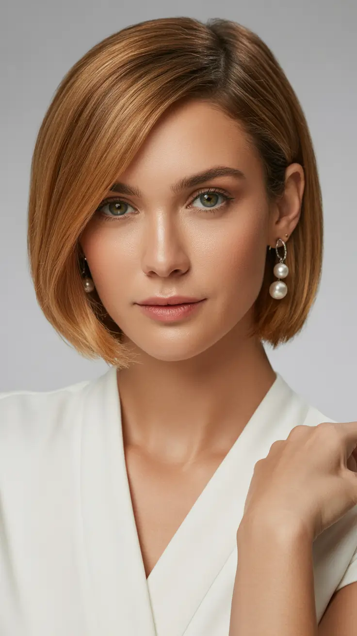 caramel hair color 2026 Golden Caramel Sleek Bob