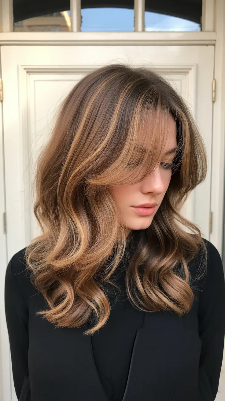 caramel hair color 2026 Soft Honey Balayage with Airy Volume
