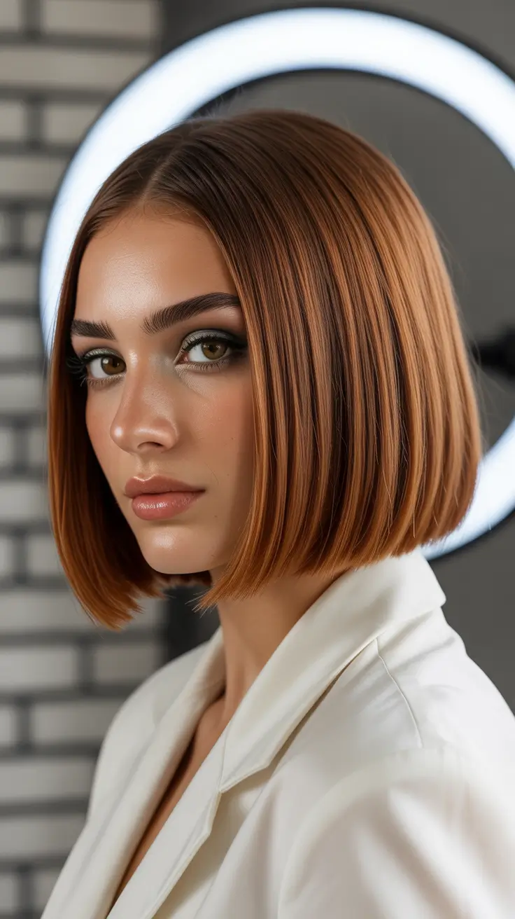caramel hair color 2026 Polished Ginger Caramel Bob