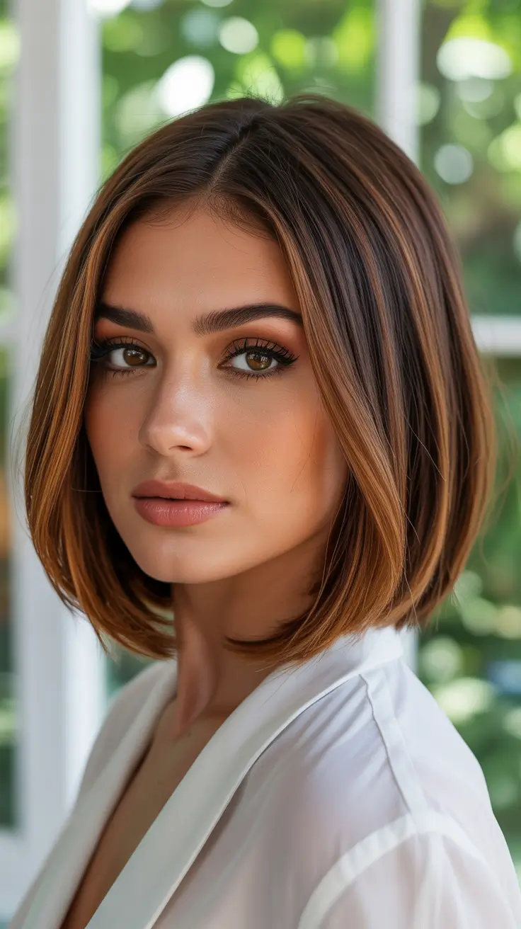 caramel hair color 2026 Classic Polished Bob in Golden Caramel
