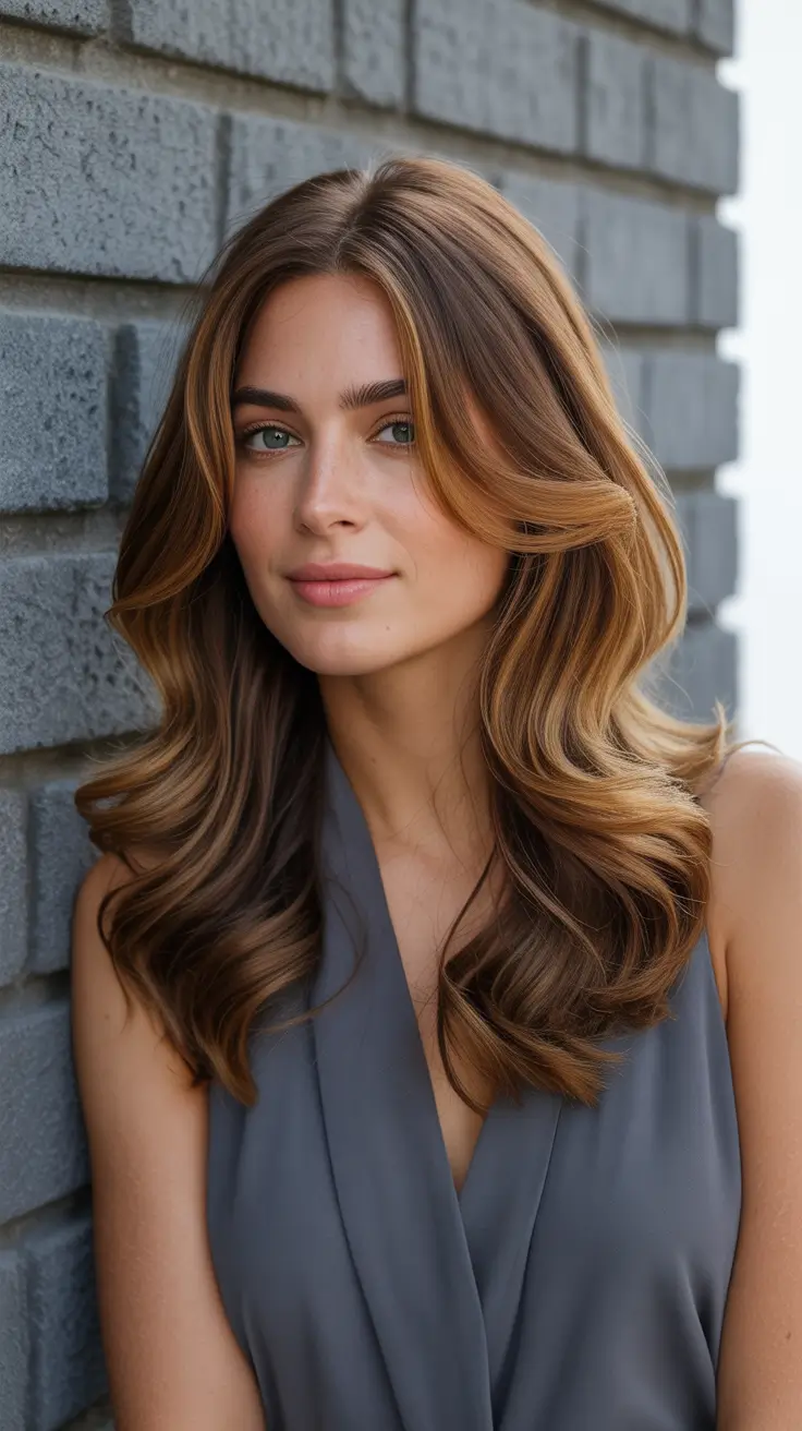 caramel hair color 2026 Soft Caramel Waves with Natural Balayage