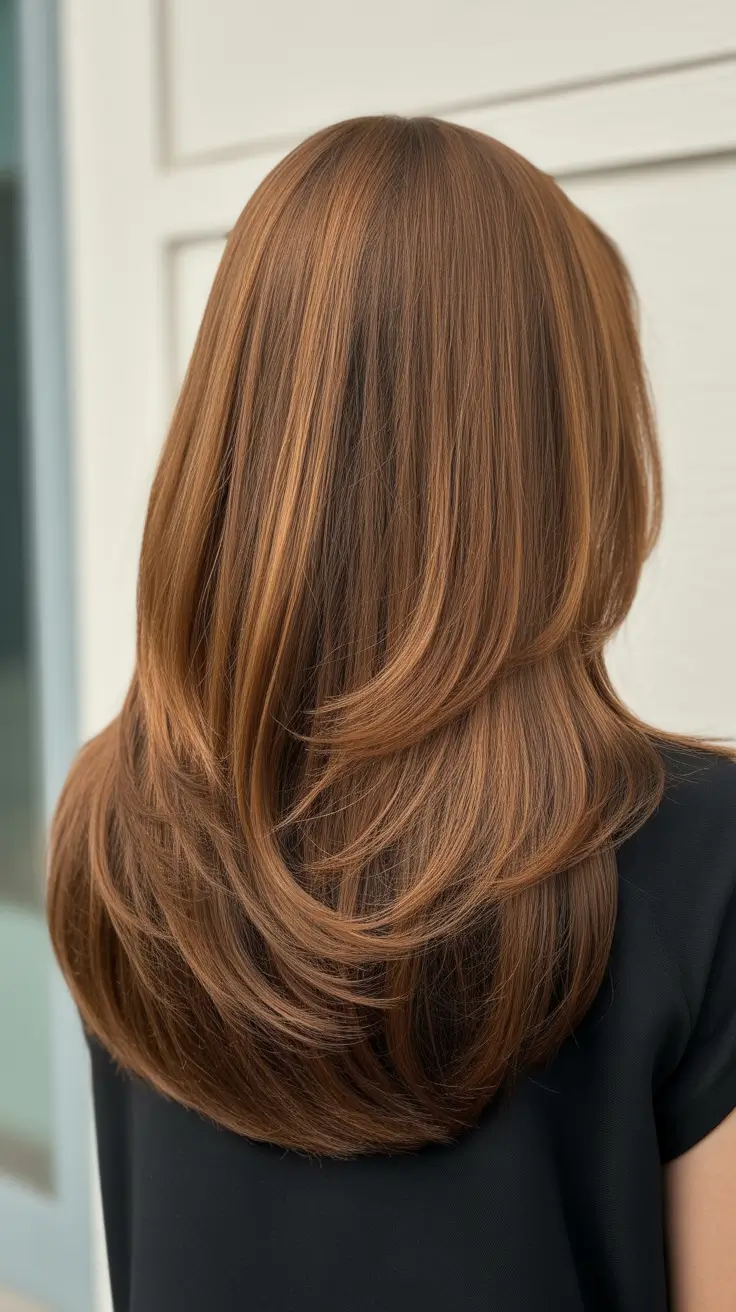 caramel hair color 2026 Layered Chestnut Flow with Light Caramel Edges