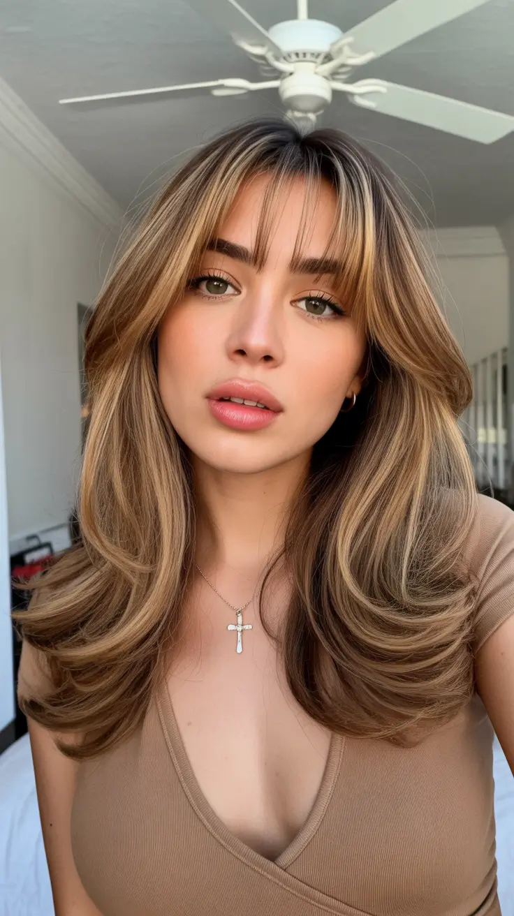 caramel hair color 2026 Soft Butterfly Layers with Warm Honey Dimension