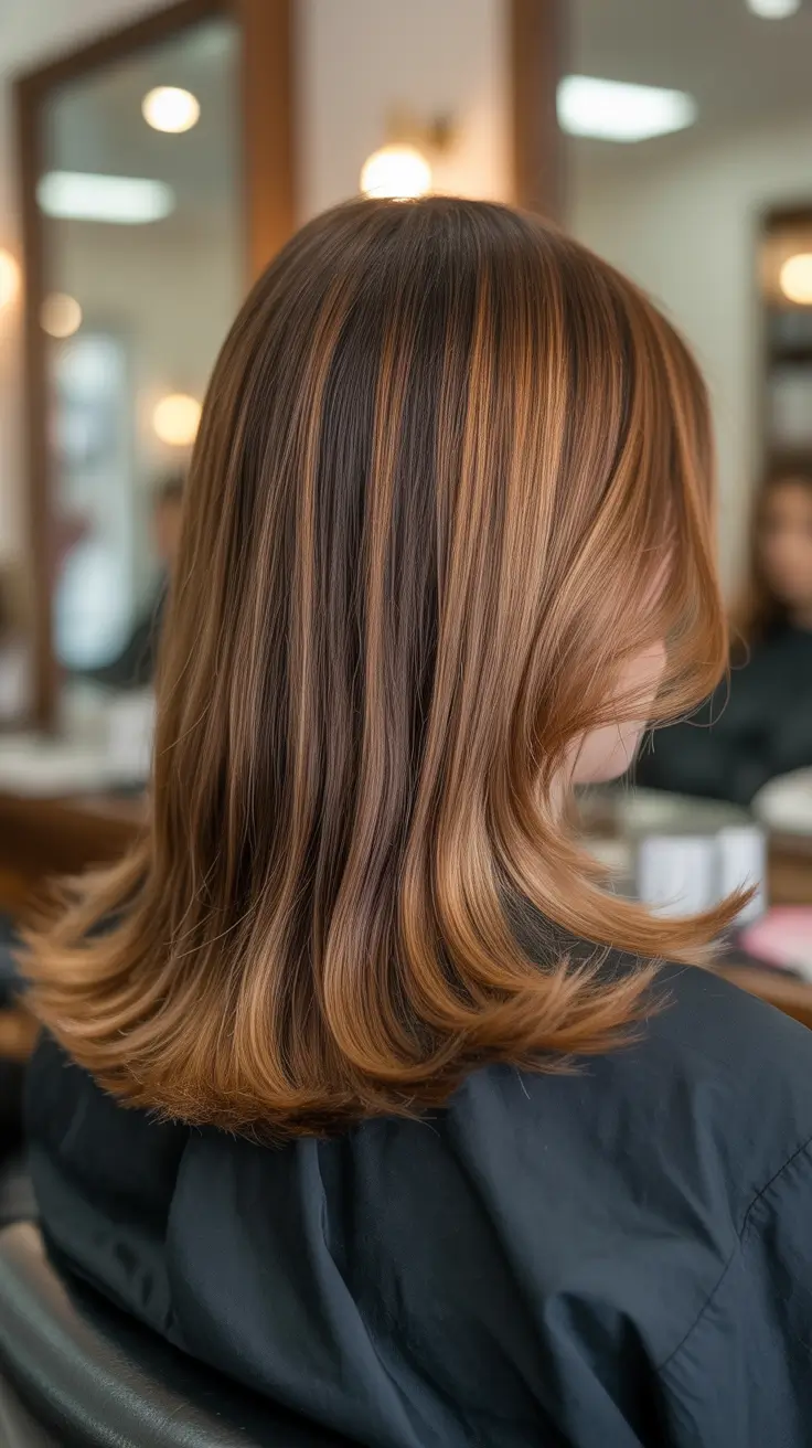 caramel hair color 2026 Refined Straight Layers in Copper Caramel