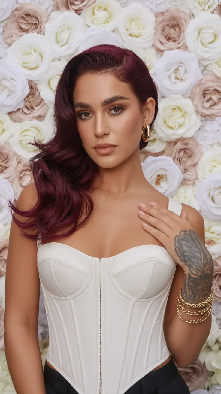 Chic side part hairstyles 2026 Deep Wine Waves with a Sleek Side Part