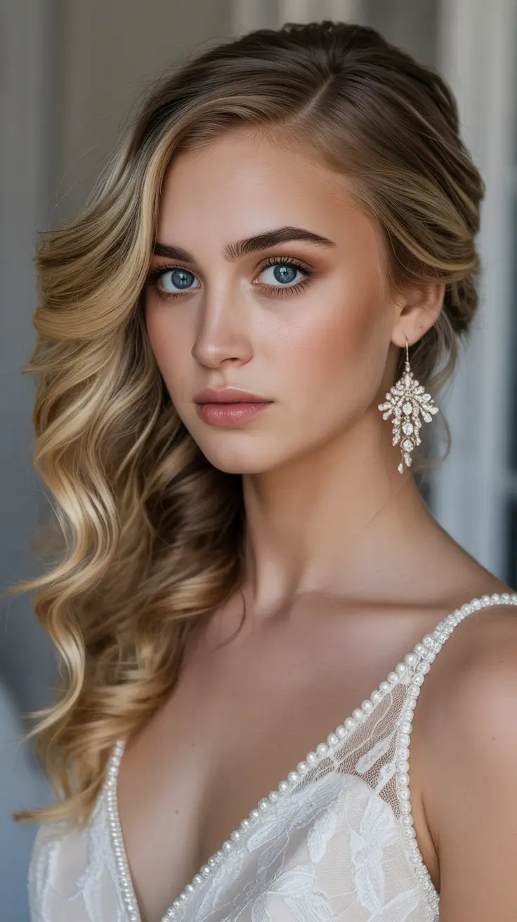 Chic side part hairstyles 2026 Golden Bridal Waves with a Romantic Side Sweep