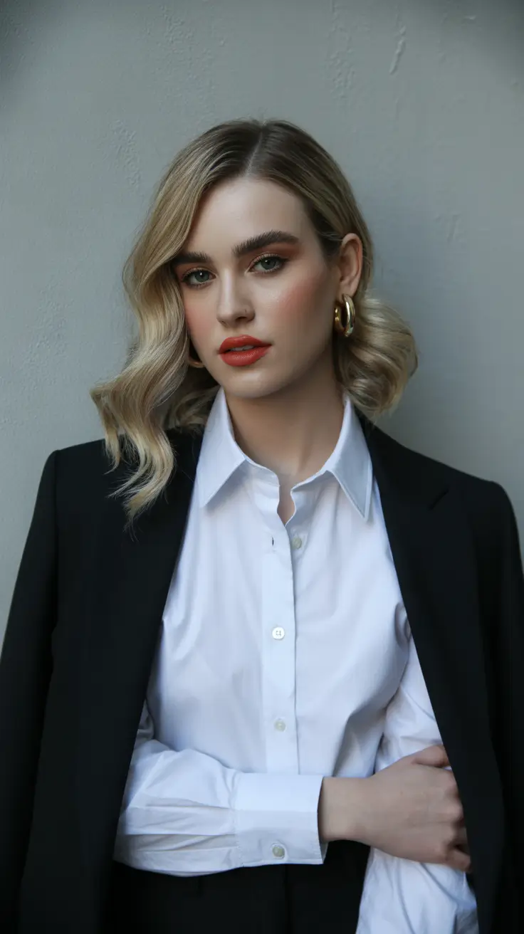Chic side part hairstyles 2026 Soft Blonde Business Waves with a Defined Side Part