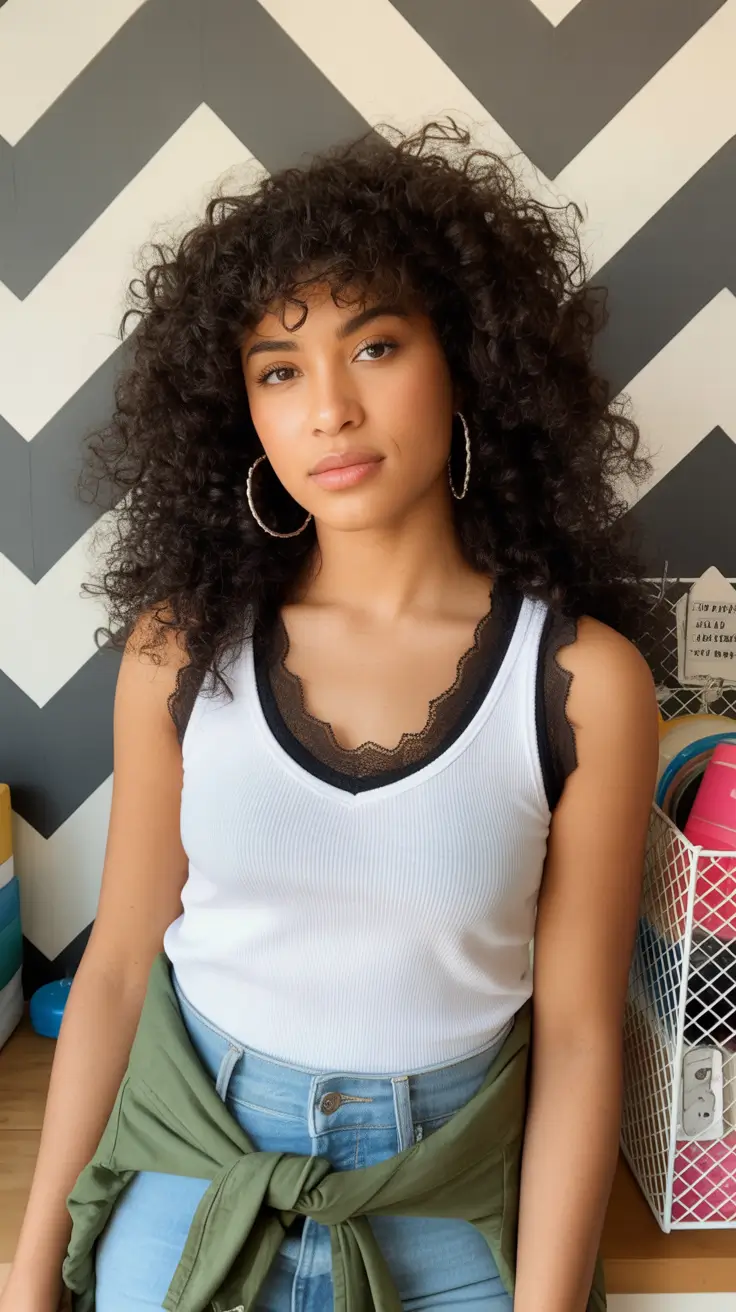 curly hairstyles Layered Curls with Voluminous Fringe