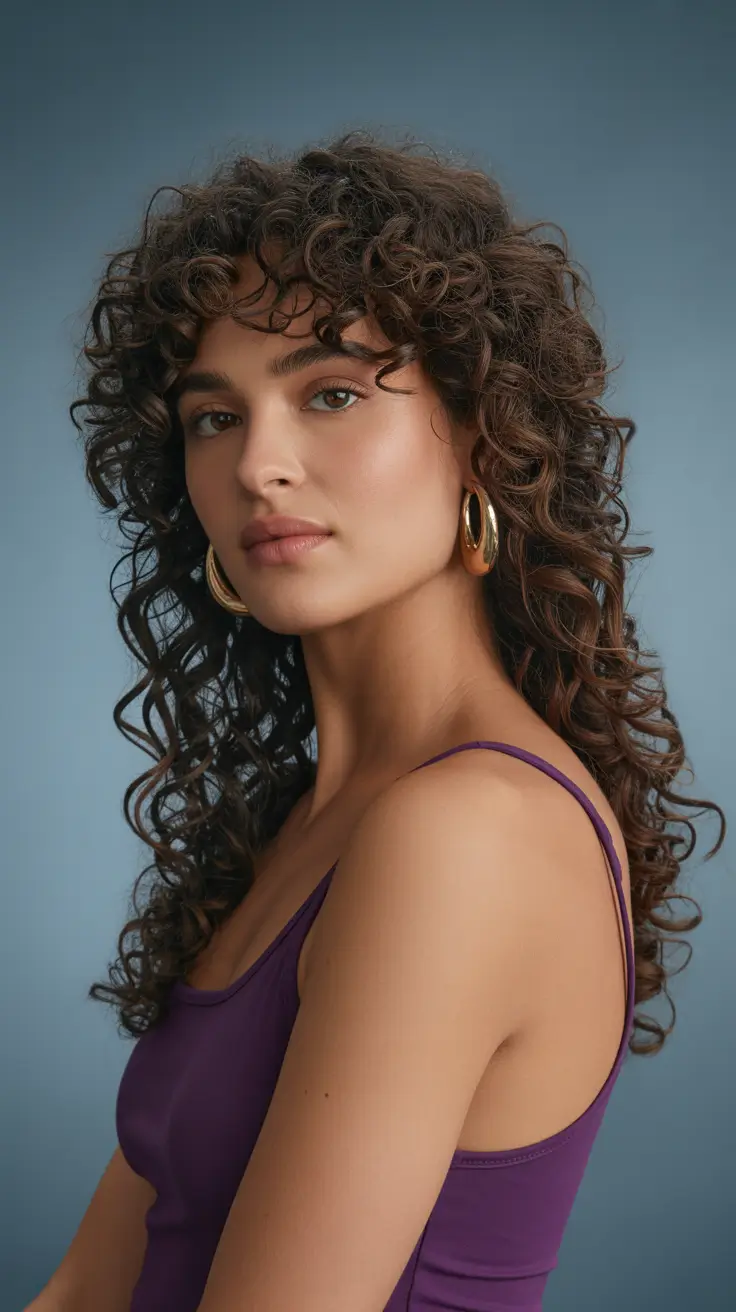 curly hairstyles Cascading Spiral Curls with Face-Framing Fringe