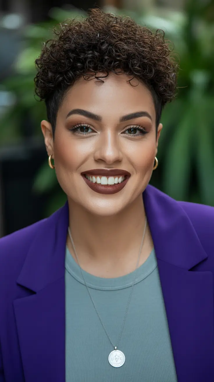 curly hairstyles Short Sculpted Pixie with Defined Top Curls