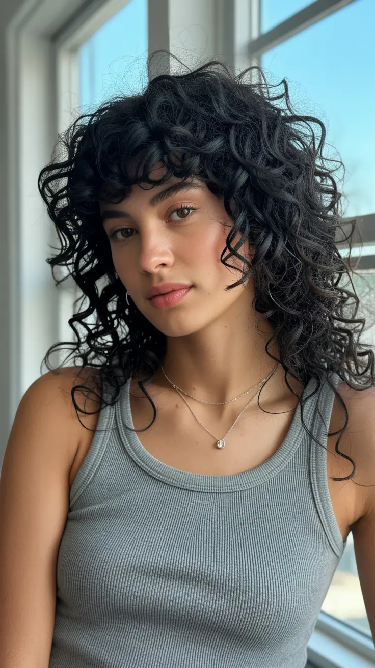 curly hairstyles Layered Curls with Wispy Micro Fringe