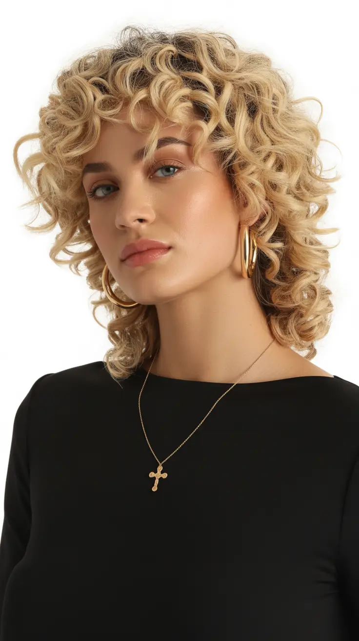 curly hairstyles Soft Blonde Curly Lob with Sculpted Fringe