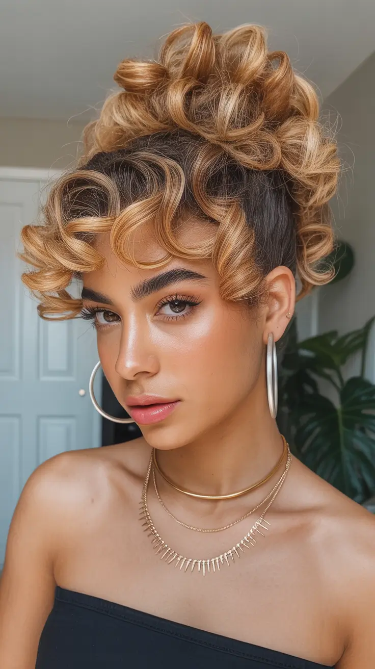 curly hairstyles High Curly Bun with Caramel Ribbons