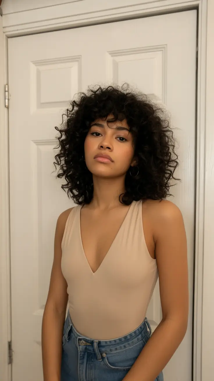 curly hairstyles Rounded Midi Curls with Soft Volume and Fringe