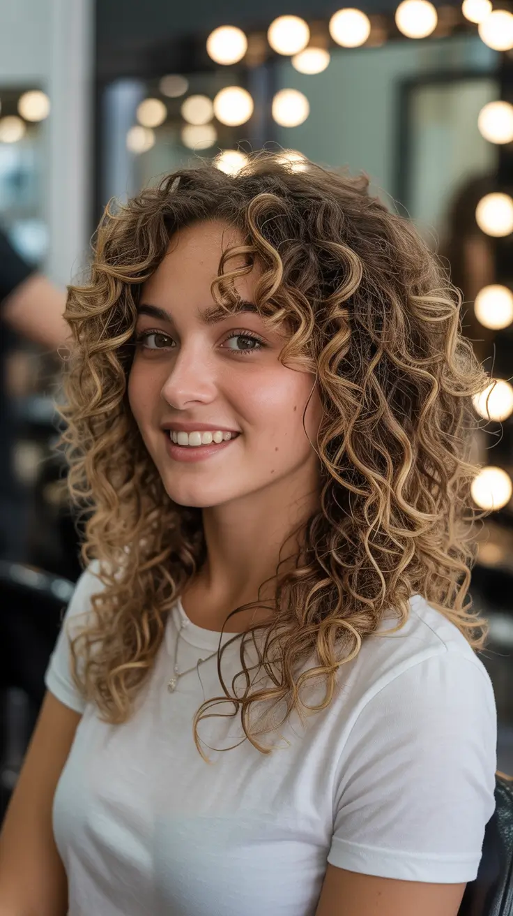 curly hairstyles Golden Spiral Layers with Soft, Sunlit Highlights