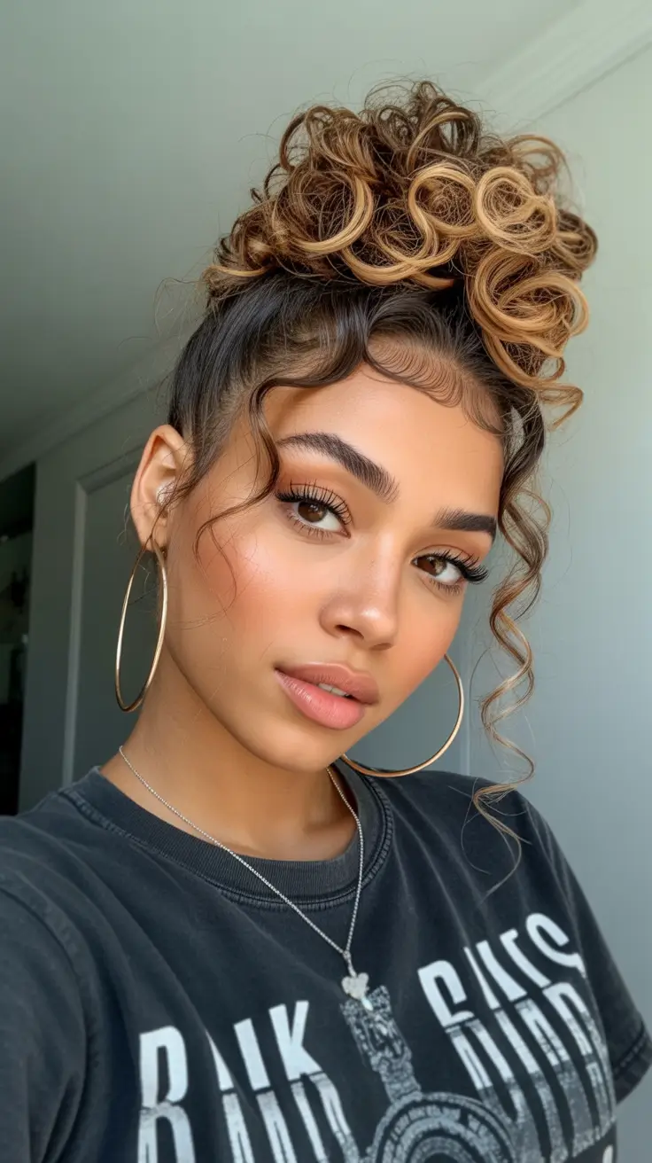 curly hairstyles Playful Top Knot with Spiraled Face Pieces