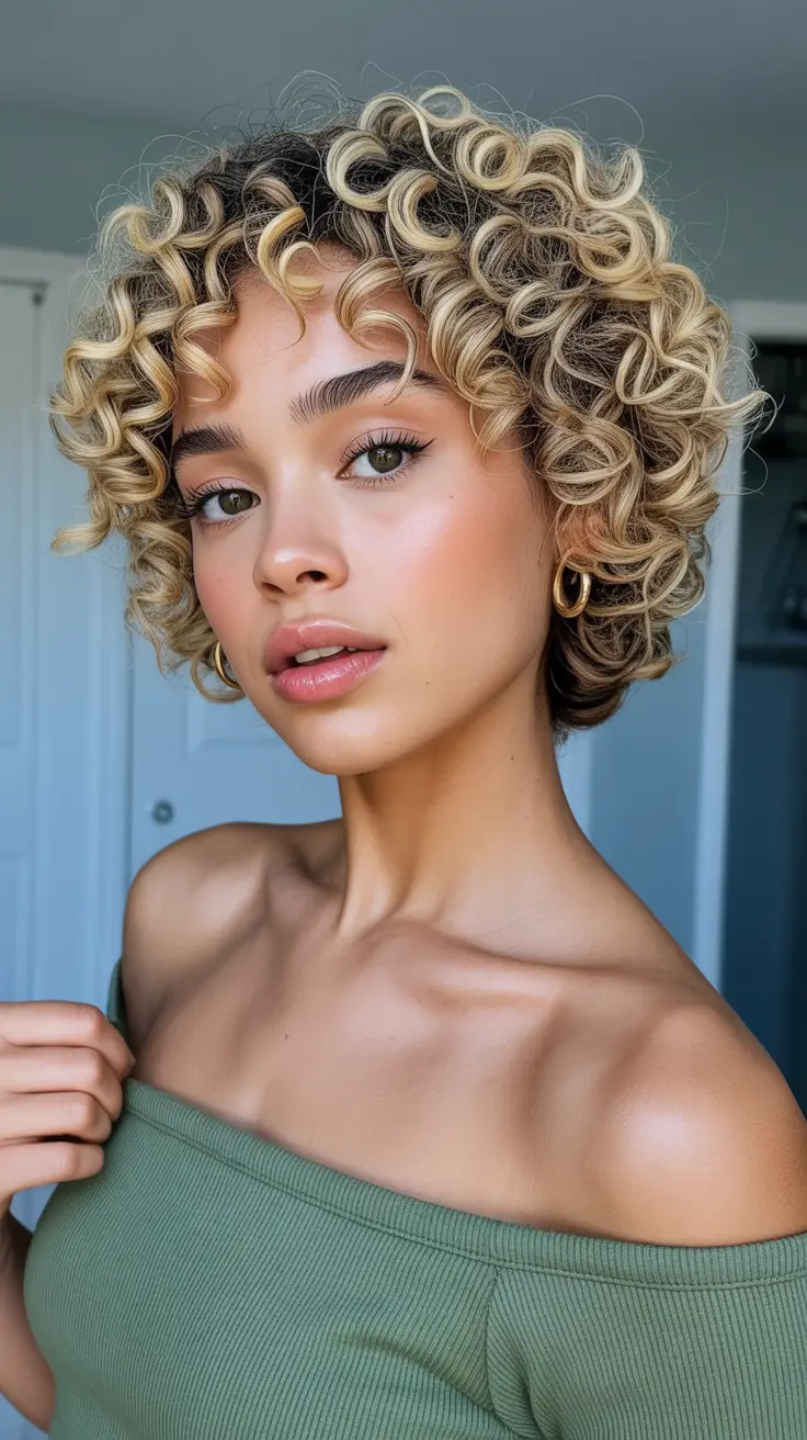 curly hairstyles Golden Halo Bob with High-Definition Curls