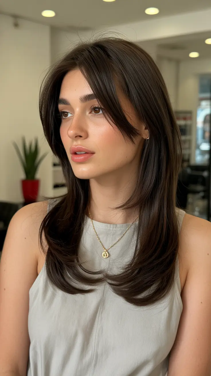 Cute hairstyle ideas 2026 Feathered Layers with Soft Curtain Bangs