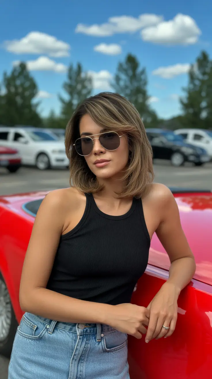 Cute hairstyle ideas 2026 Layered Bob with Sunglasses Glam
