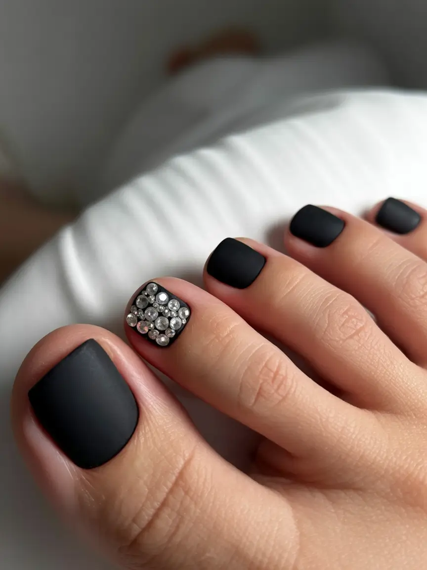 cute toe nails 2026 Matte Black With Crystal Detail
