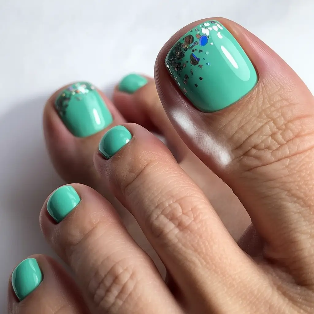 cute toe nails 2026 Mint Green Sparkle Fade