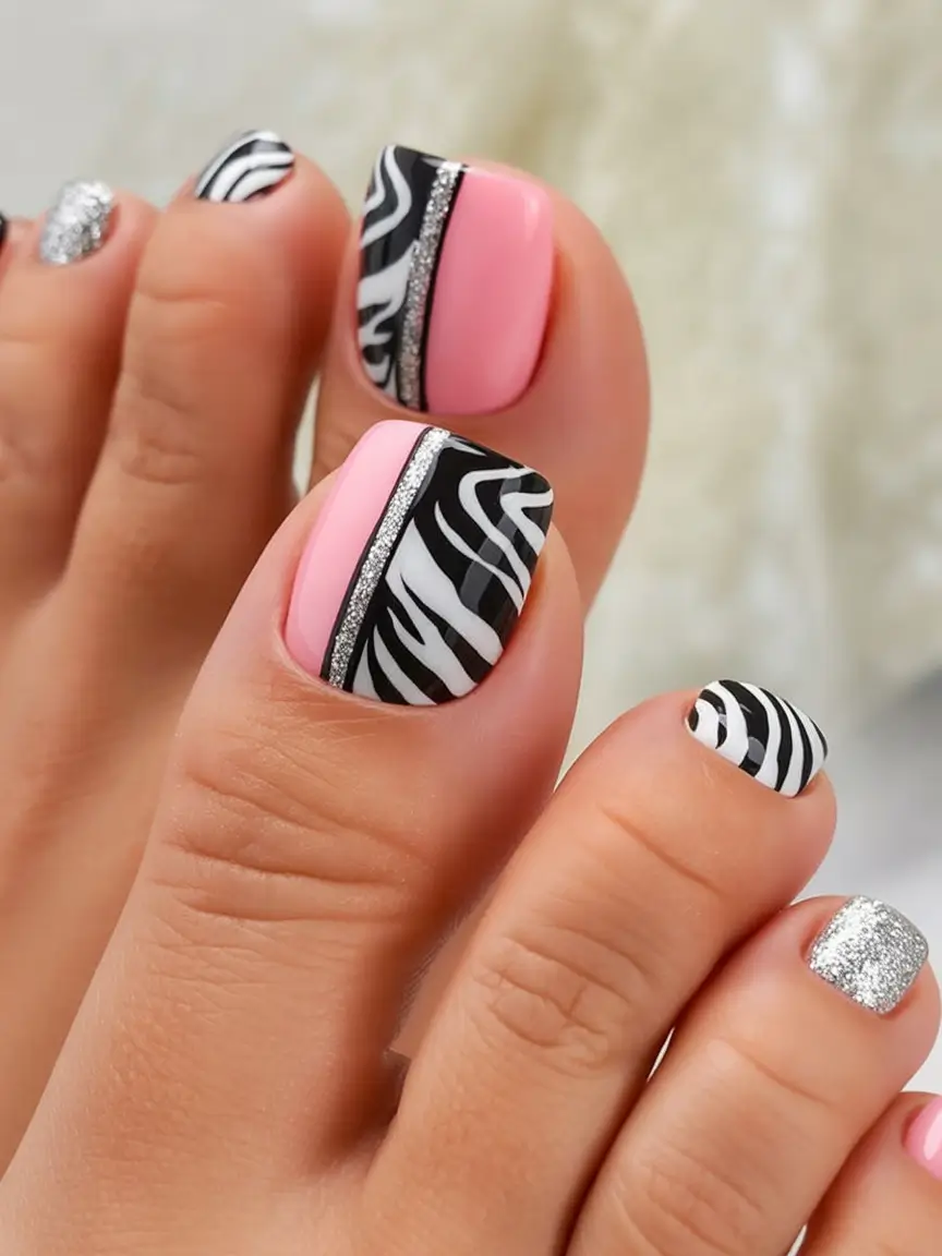 cute toe nails 2026 Pink And Zebra Contrast With Silver Detailing