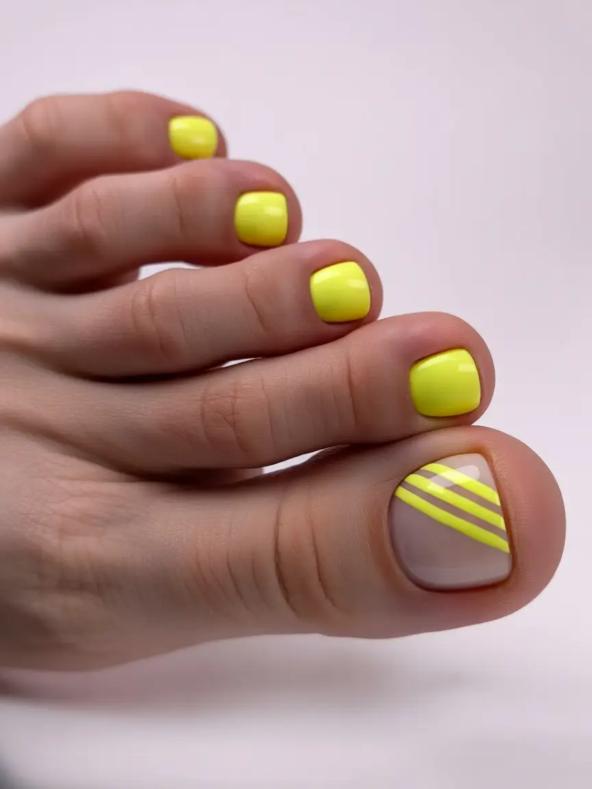 cute toe nails 2026 Neon Yellow Minimalist Stripes