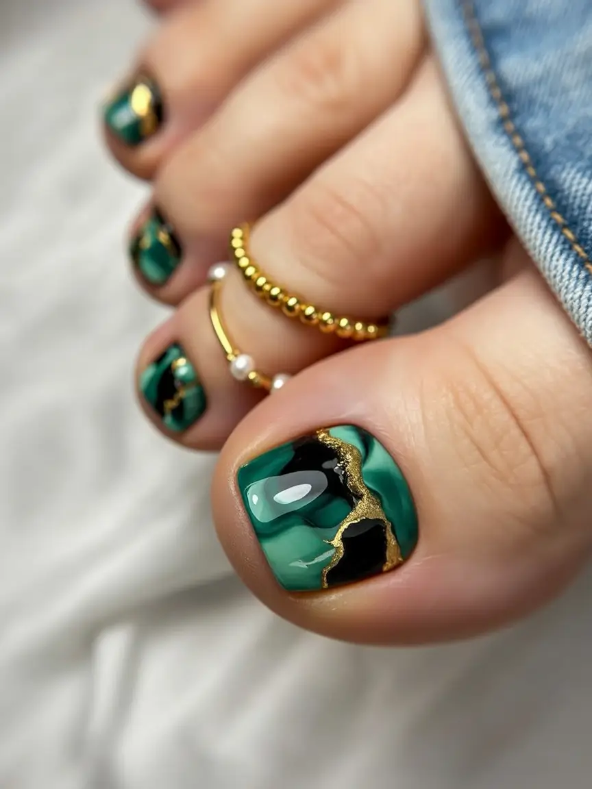 cute toe nails 2026 Emerald Marble With Gold Veining