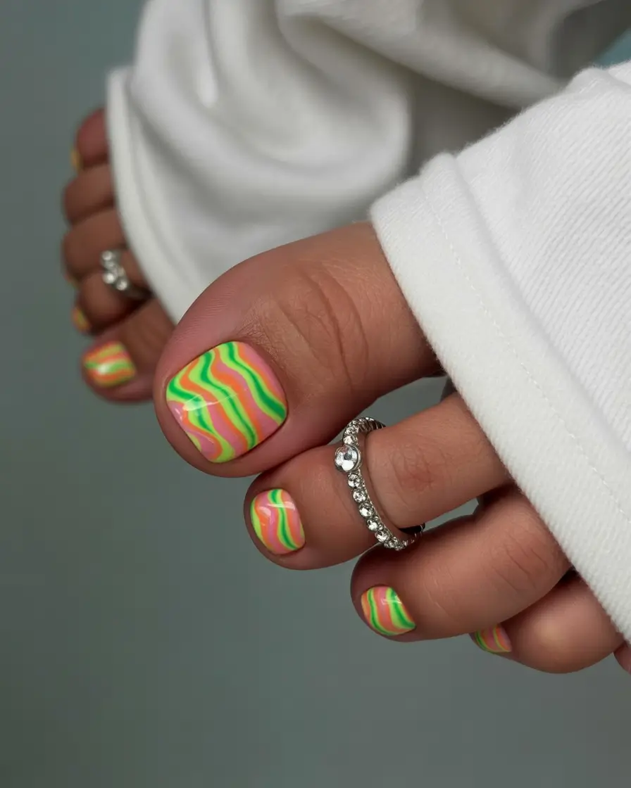 cute toe nails 2026 Neon Ripple Waves