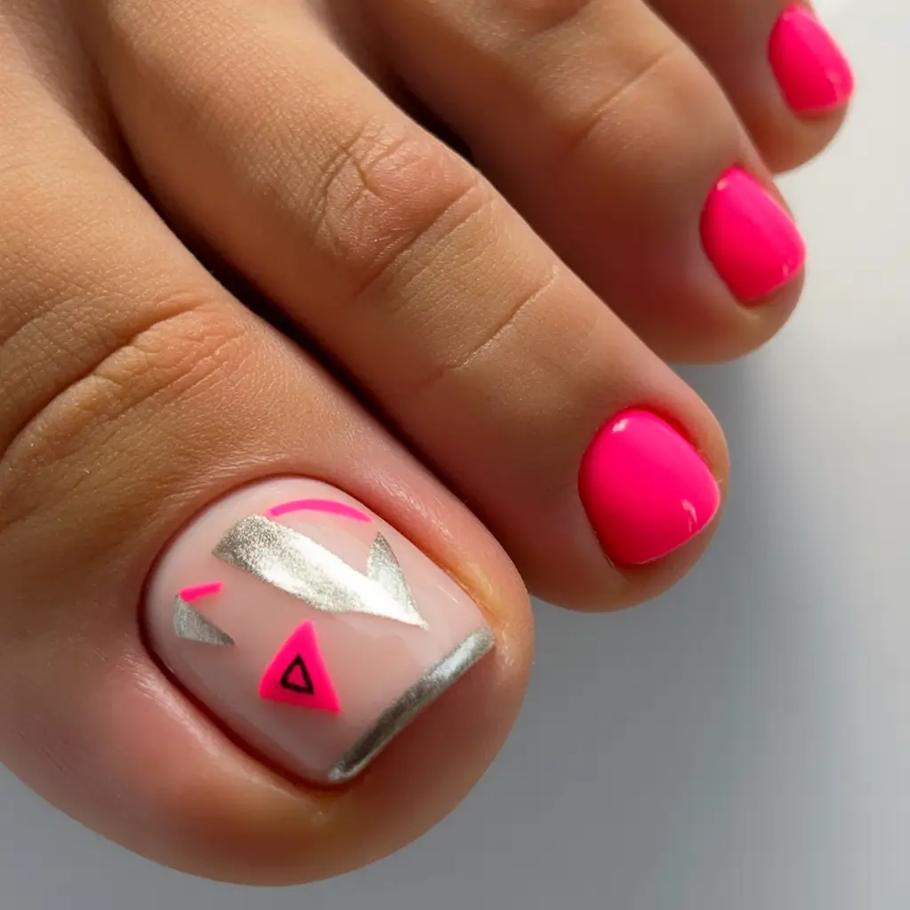cute toe nails 2026 Hot Pink and Silver Geometric Accent