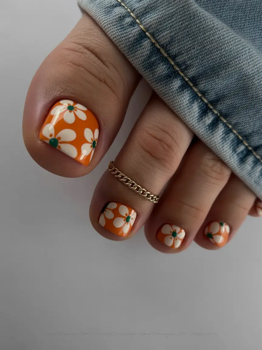 cute toe nails 2026 Retro Orange Flowers