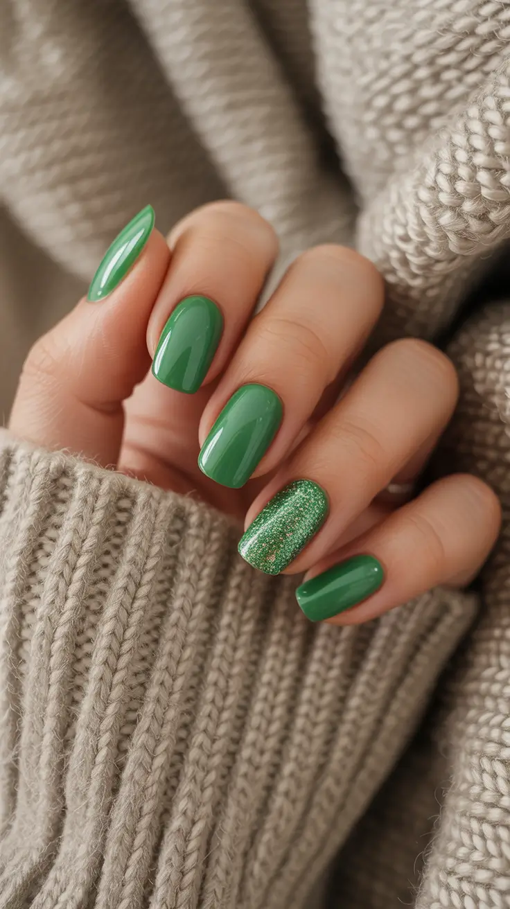 green nails inspiration 2026 Cozy Evergreen Gloss With a Sparkle Accent