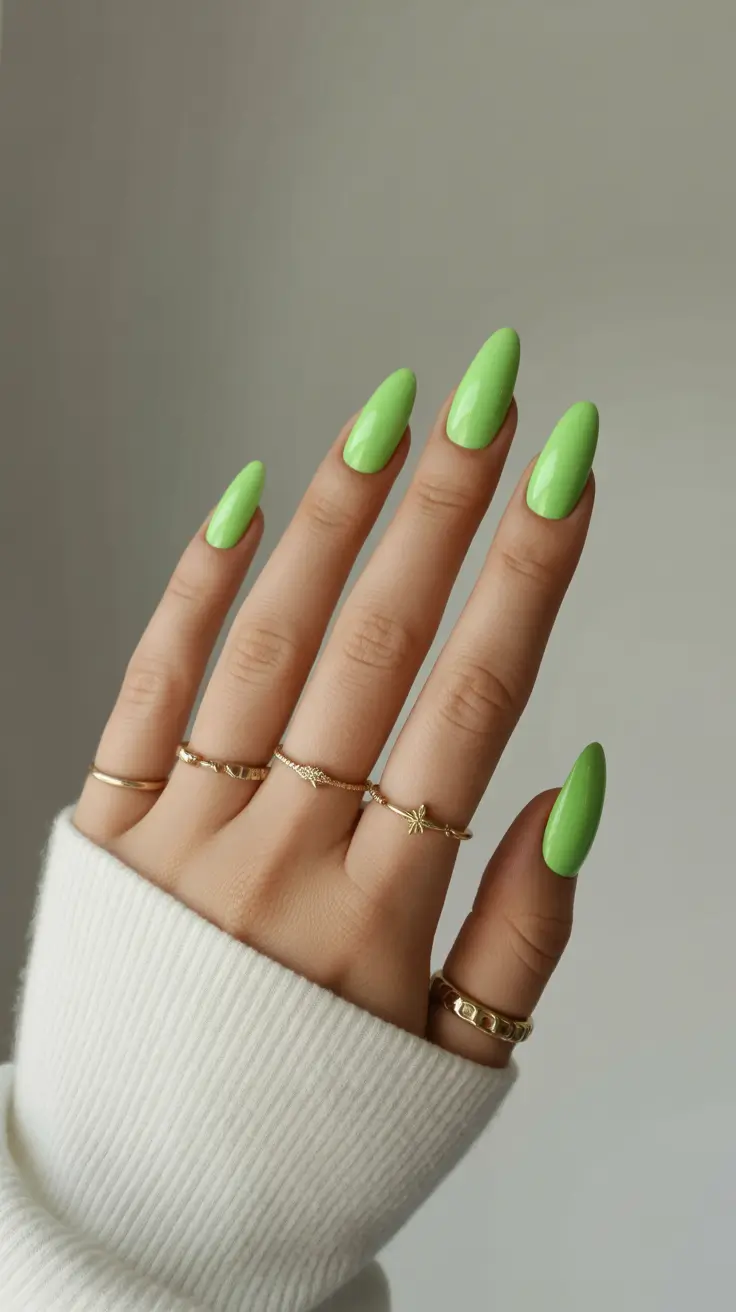 green nails inspiration 2026 Bright Spring Almonds in Fresh Lime Green