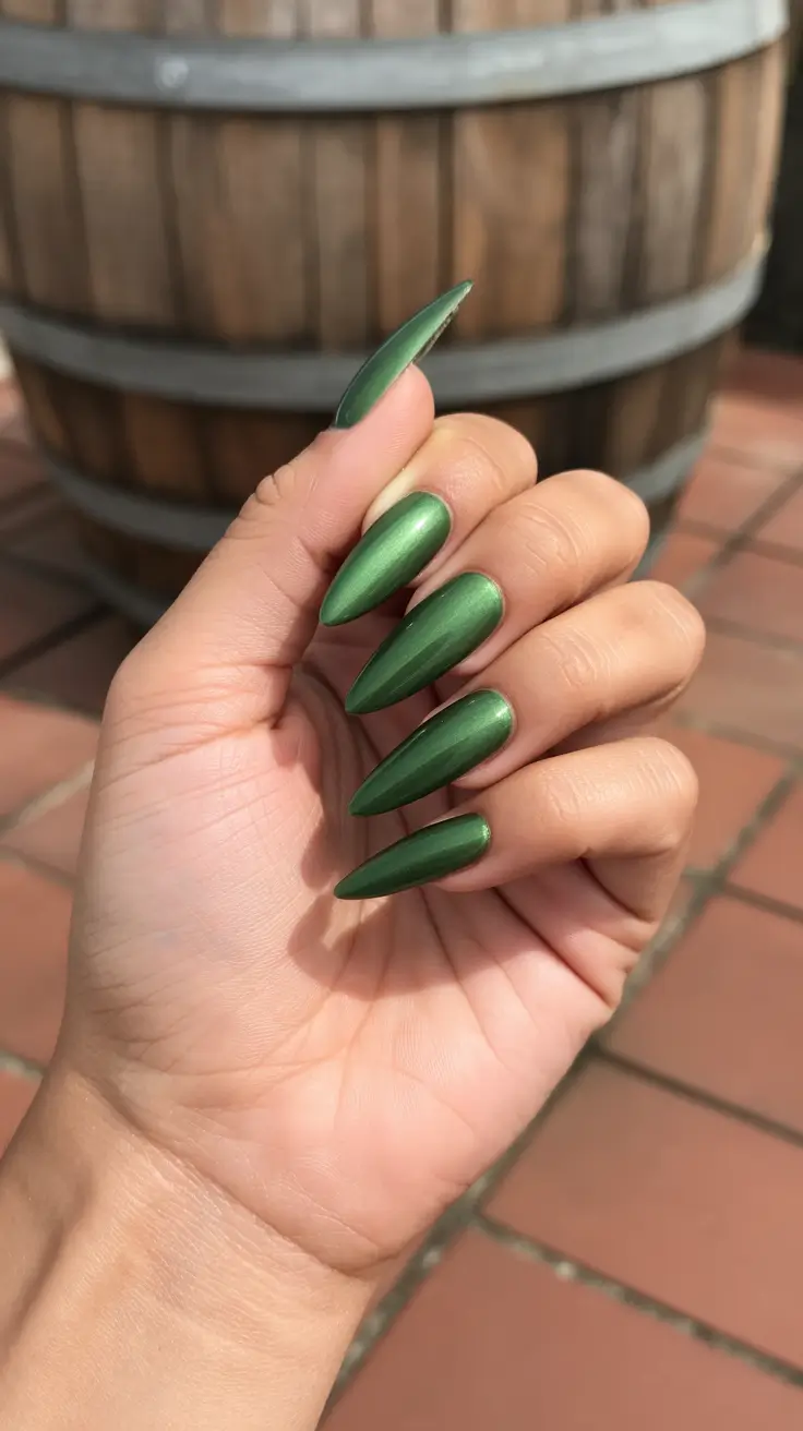 green nails inspiration 2026 Metallic Army Green Stilettos for Bold, Dramatic Flair