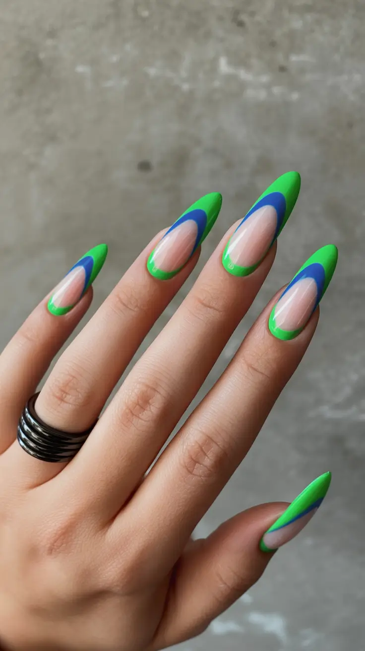 green nails inspiration 2026 Vibrant Green-and-Blue Rings for a Retro-Futuristic Look