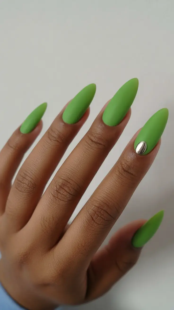 green nails inspiration 2026 Matte Lime Almonds With a Minimal Chrome Accent