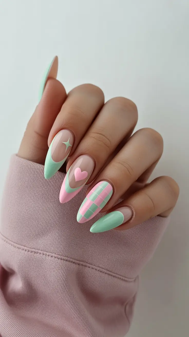 green nails inspiration 2026 Cute Pastel Mint and Pink Art for a Soft Playful Mood