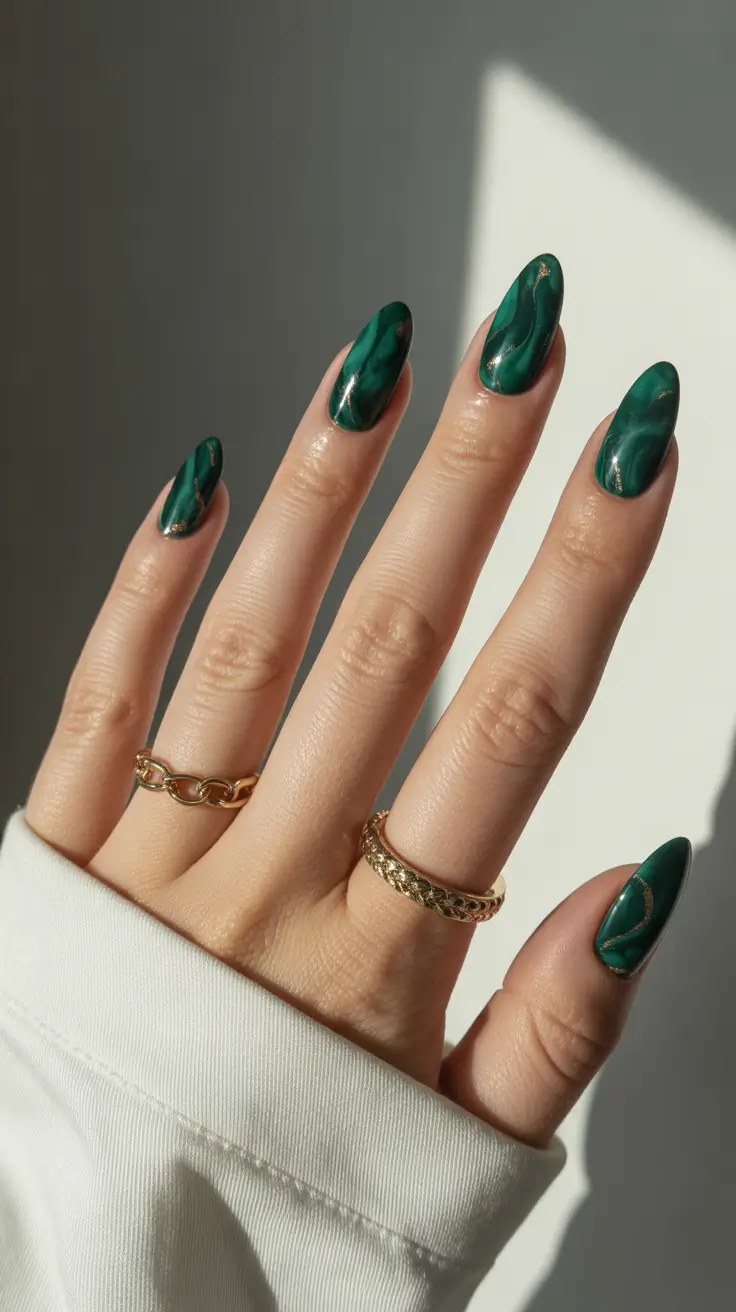 green nails inspiration 2026 Deep Emerald Marble With Golden Veins