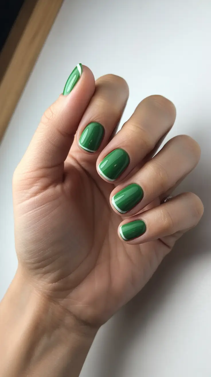 green nails inspiration 2026 Short Green Gloss With Minimalist White Edging