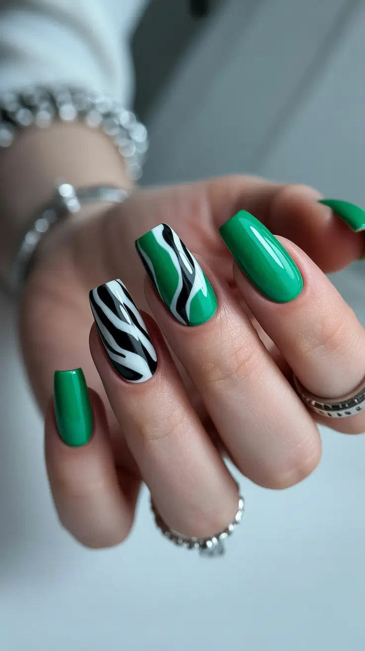 green nails inspiration 2026 Graphic Green Waves With Black and White Drama