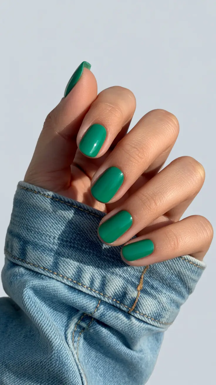 green nails inspiration 2026 Fresh Meadow Green for a Soft Denim-Days Look