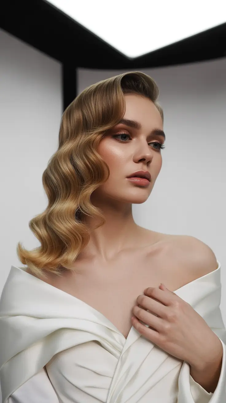 Hairstyles for long hair 2026 - Golden Vintage Waves with Sculpted Definition