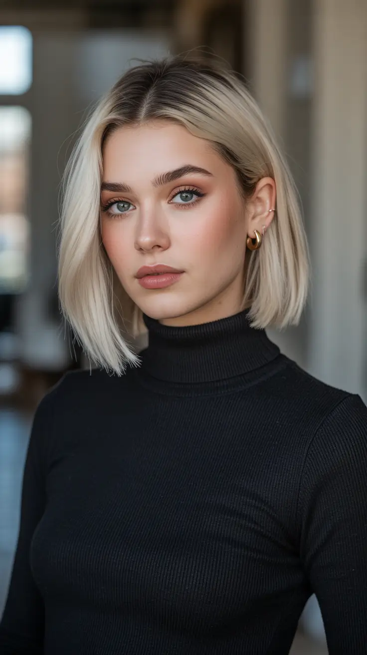 Hairstyles for medium length hair 2026 - Polished Platinum Bob with Flowing Softness